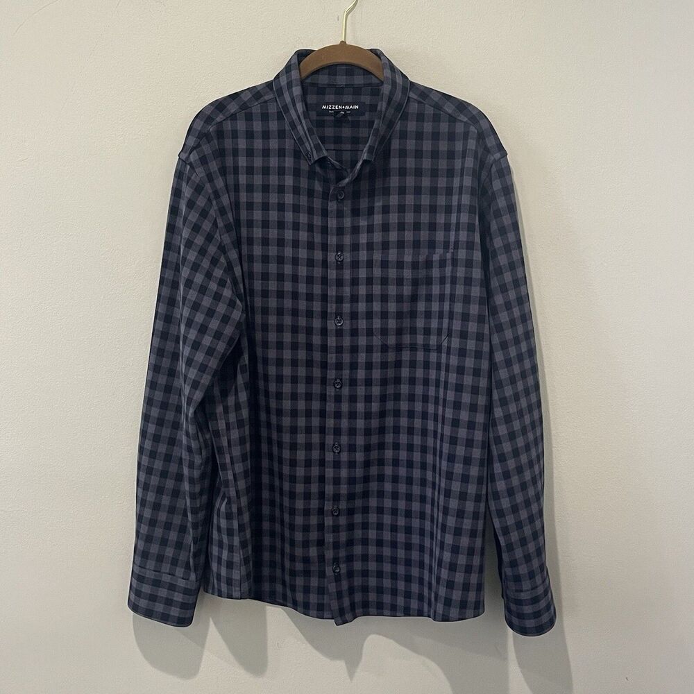 Mizzen Main Shirt Mens XXL Performance Menswear Blue‎ Checker Button Long Sleeve
